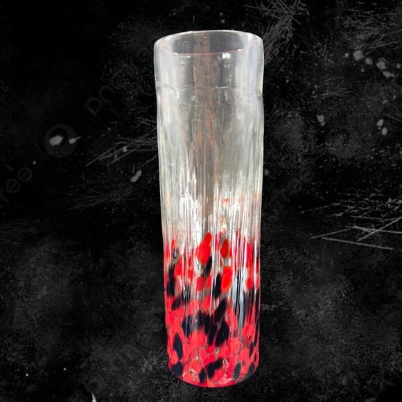 Glass Vase Other - Hand Blown Art Glass Cylinder Tall Vase Hand Made Clear Black Red Spots Vintage